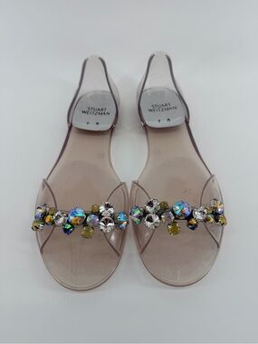 Stuart Weitzman Clear Jelly D’orsay Flat Sandals Open Toe with Jewels Rhinestons